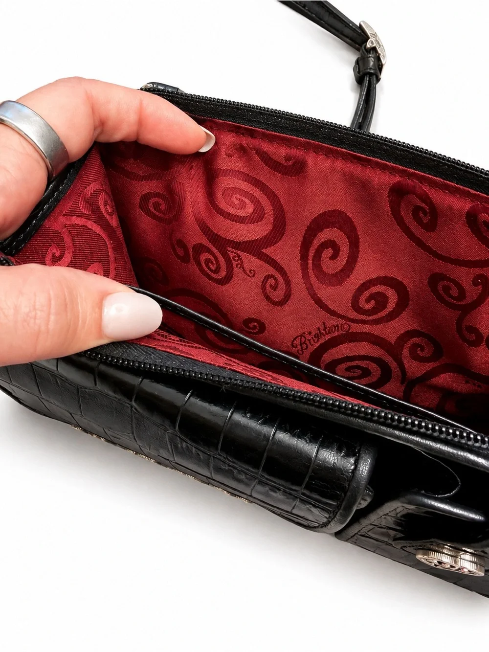 Brighton Vintage Black Croc-Embossed Leather Crossbody Bag